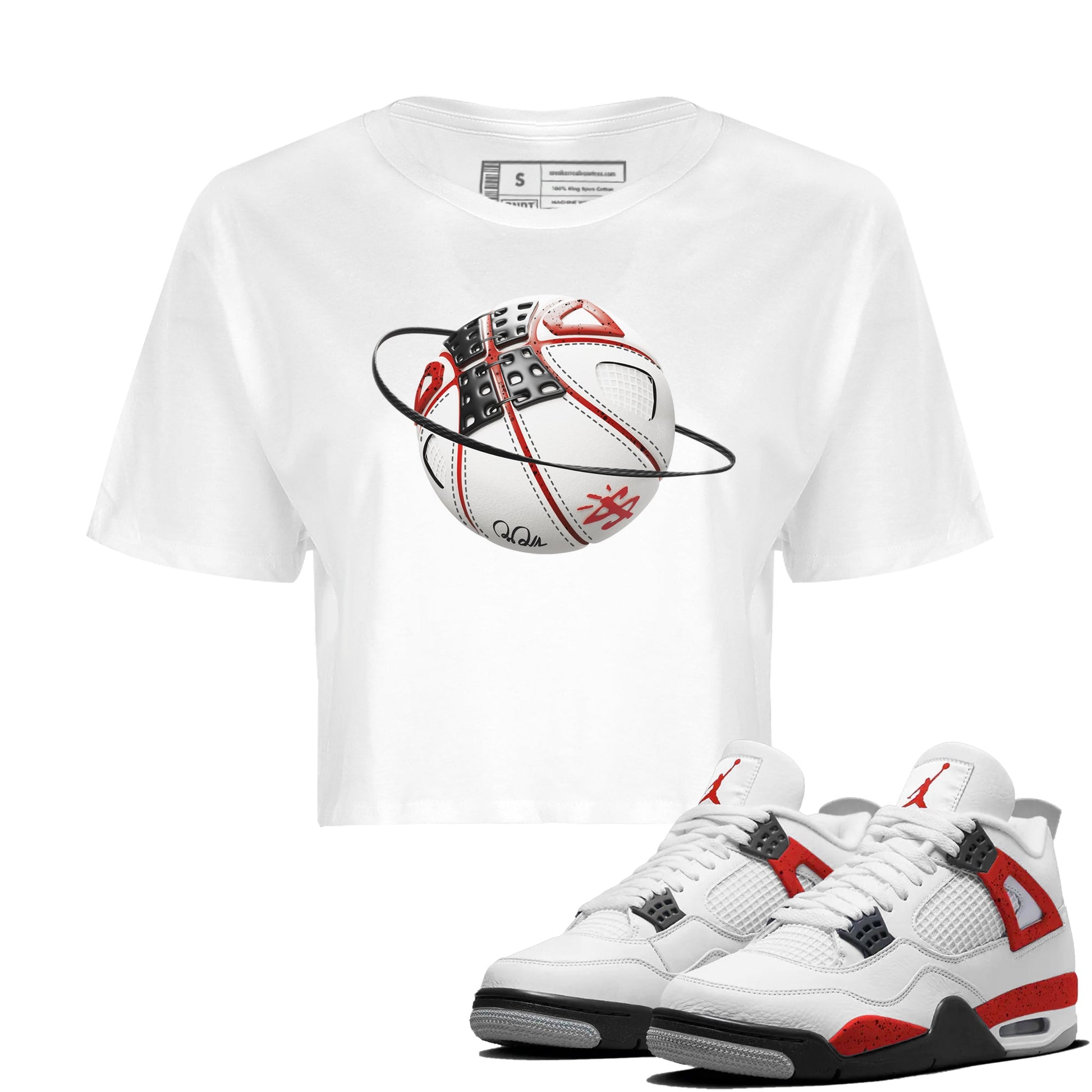 Air Jordan 4 Red Cement Sneaker Match Tees Basketball Planet Sneaker Tees AJ4 Retro OG Red Cement Sneaker Release Tees Women's Shirts White 1