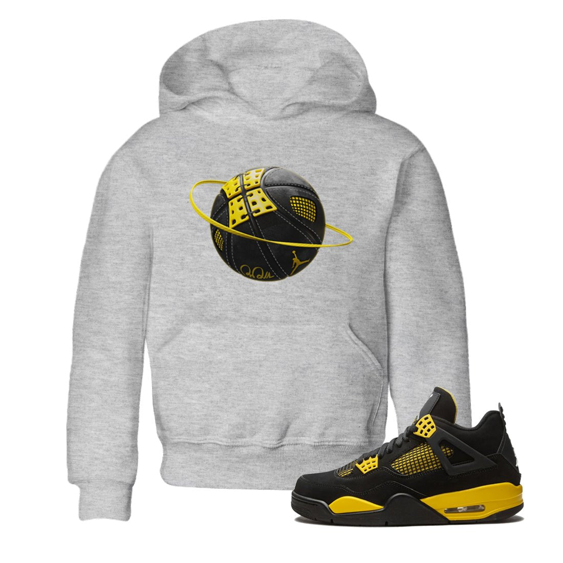 Air Jordan 4 Thunder Sneaker Match Tees Basketball Planet Sneaker Tees AJ4 Thunder Jumpman Sneaker Release Tees Kids Shirts Heather Grey 1