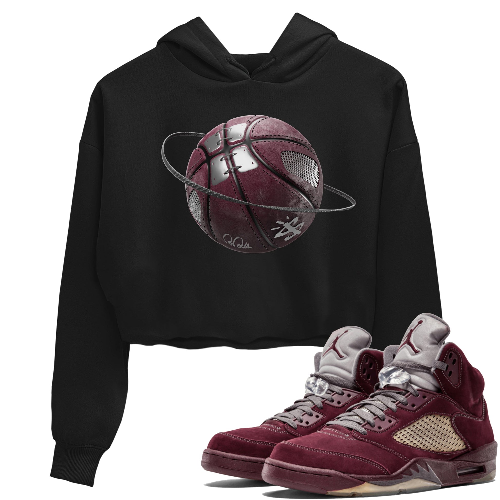 Air Jordan 5 Burgundy Sneaker Match Tees Basketball Planet Sneaker Tees AJ5 Burgundy Sneaker Release Tees Women's Shirts Black 1