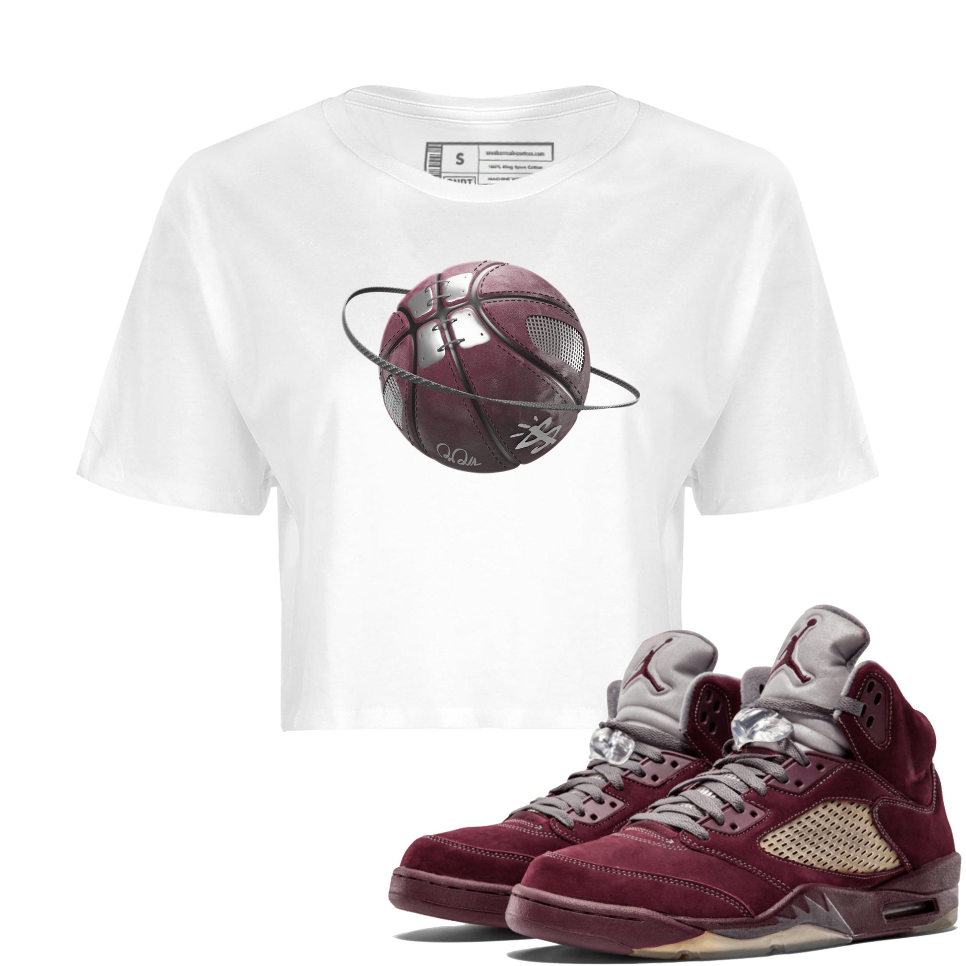 Air Jordan 5 Burgundy Sneaker Match Tees Basketball Planet Sneaker Tees AJ5 Burgundy Sneaker Release Tees Women's Shirts White 1
