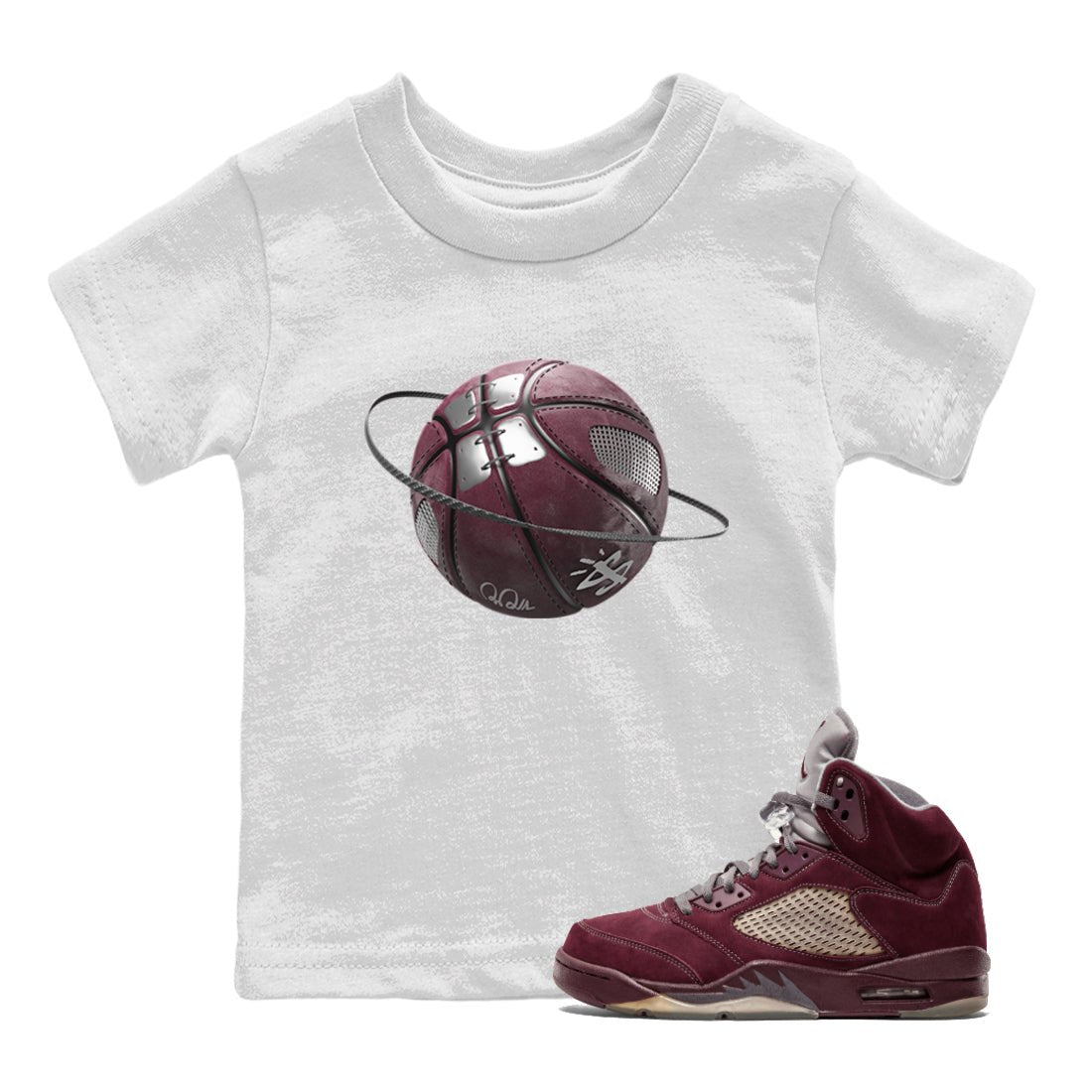 Air Jordan 5 Burgundy Sneaker Match Tees Basketball Planet Sneaker Tees AJ5 Burgundy Sneaker Release Tees Kids Shirts White 1