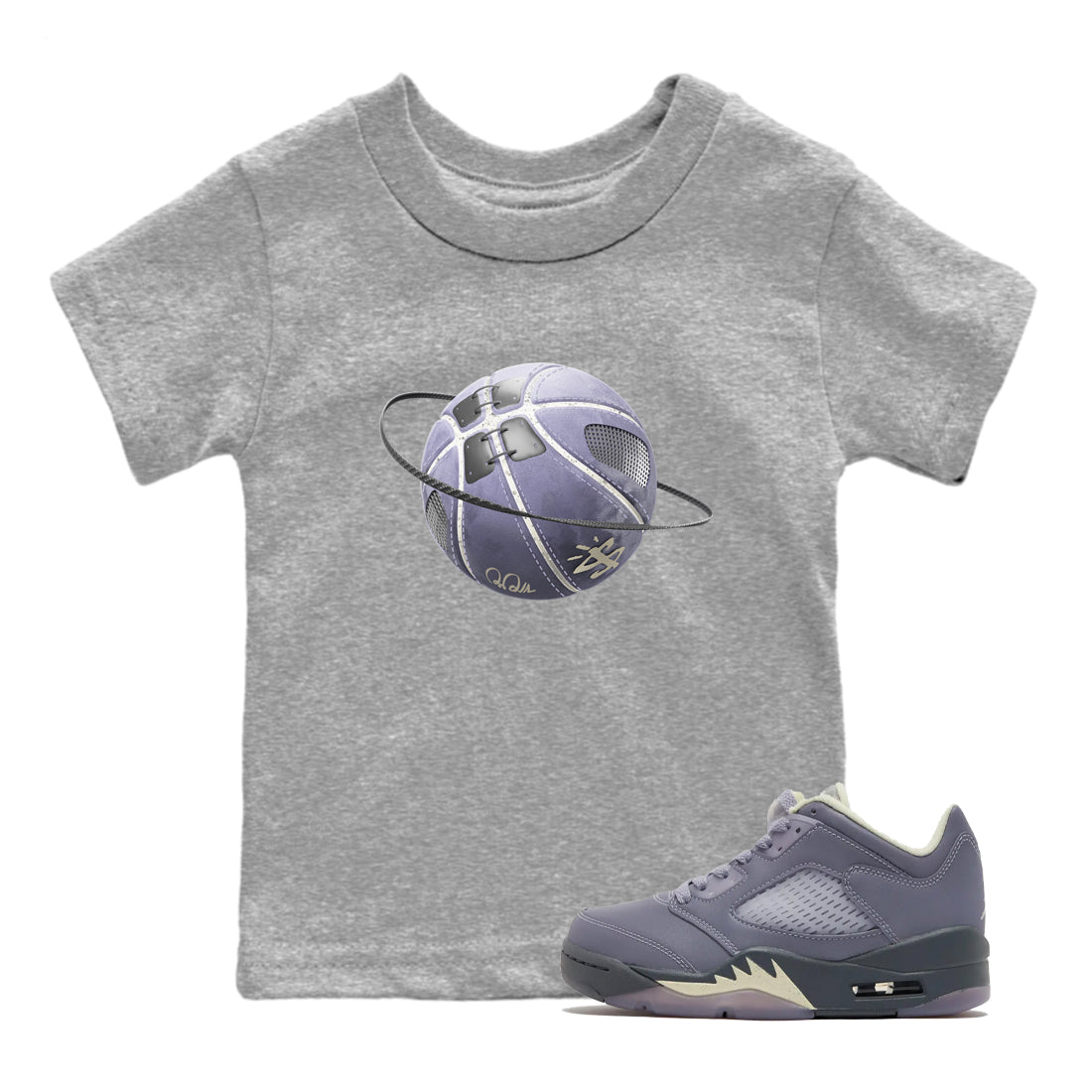 Air Jordan 5 Indigo Haze Sneaker Match Tees Basketball Planet Sneaker Tees AJ5 Indigo Haze Sneaker Release Tees Kids Shirts Heather Grey 1