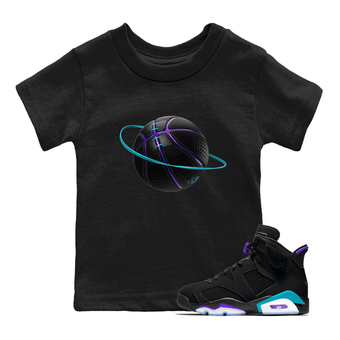 Air Jordan 6 Aqua Sneaker Match Tees Basketball Planet Sneaker Tees AJ6 Aqua Sneaker Release Tees Kids Shirts Black 1