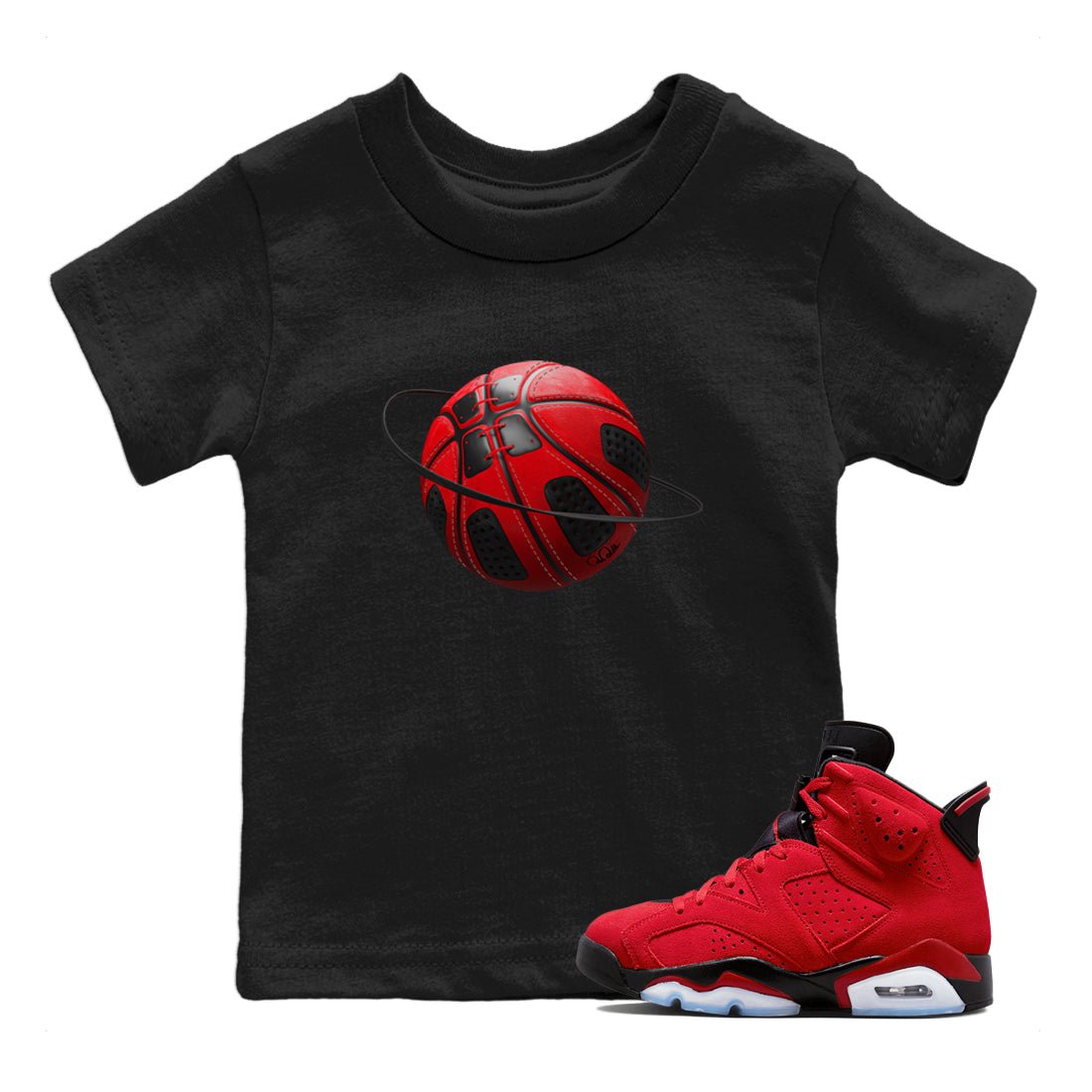 Air Jordan 6 Toro Bravo Sneaker Match Tees Basketball Planet Sneaker Tees 3D Graphic Design Shirts AJ6 Toro Bravo Sneaker Release Tees Kids Shirts Black 1
