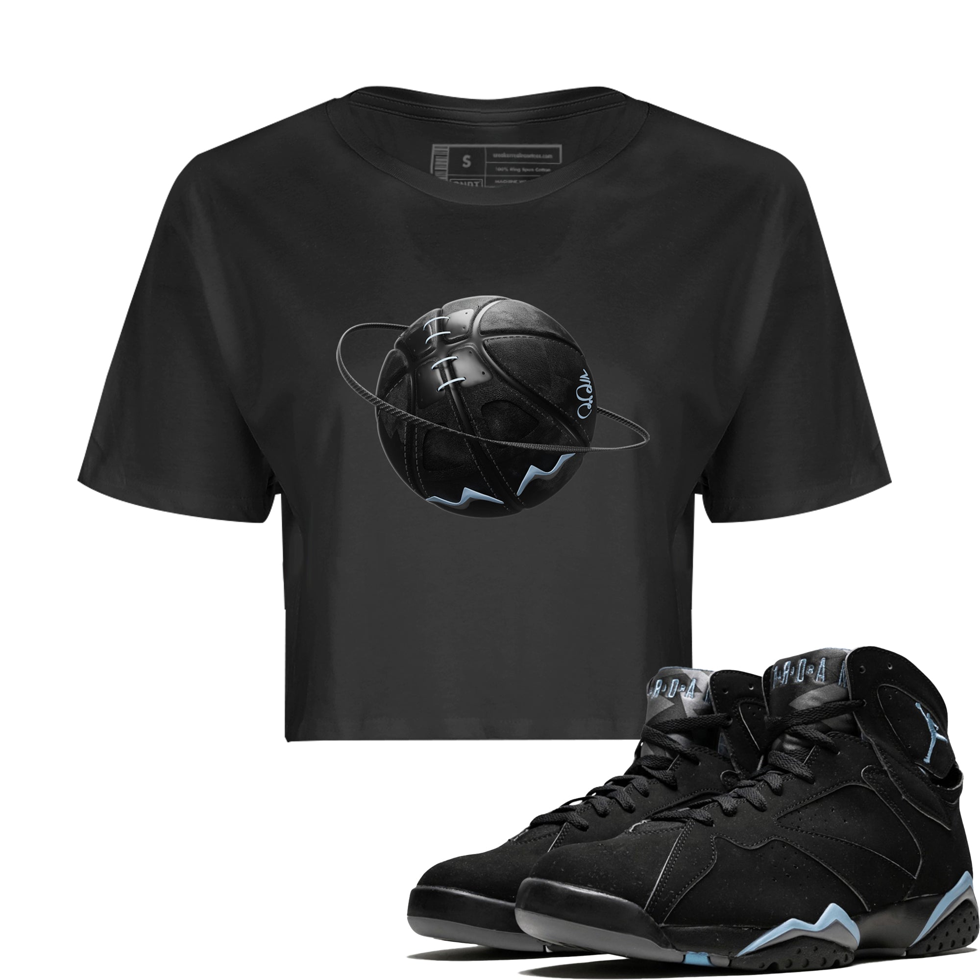 Air Jordan 7 Chambray Sneaker Match Tees Basketball Planet Sneaker Tees AJ7 Chambray Sneaker Release Tees Women's Shirts Black 1