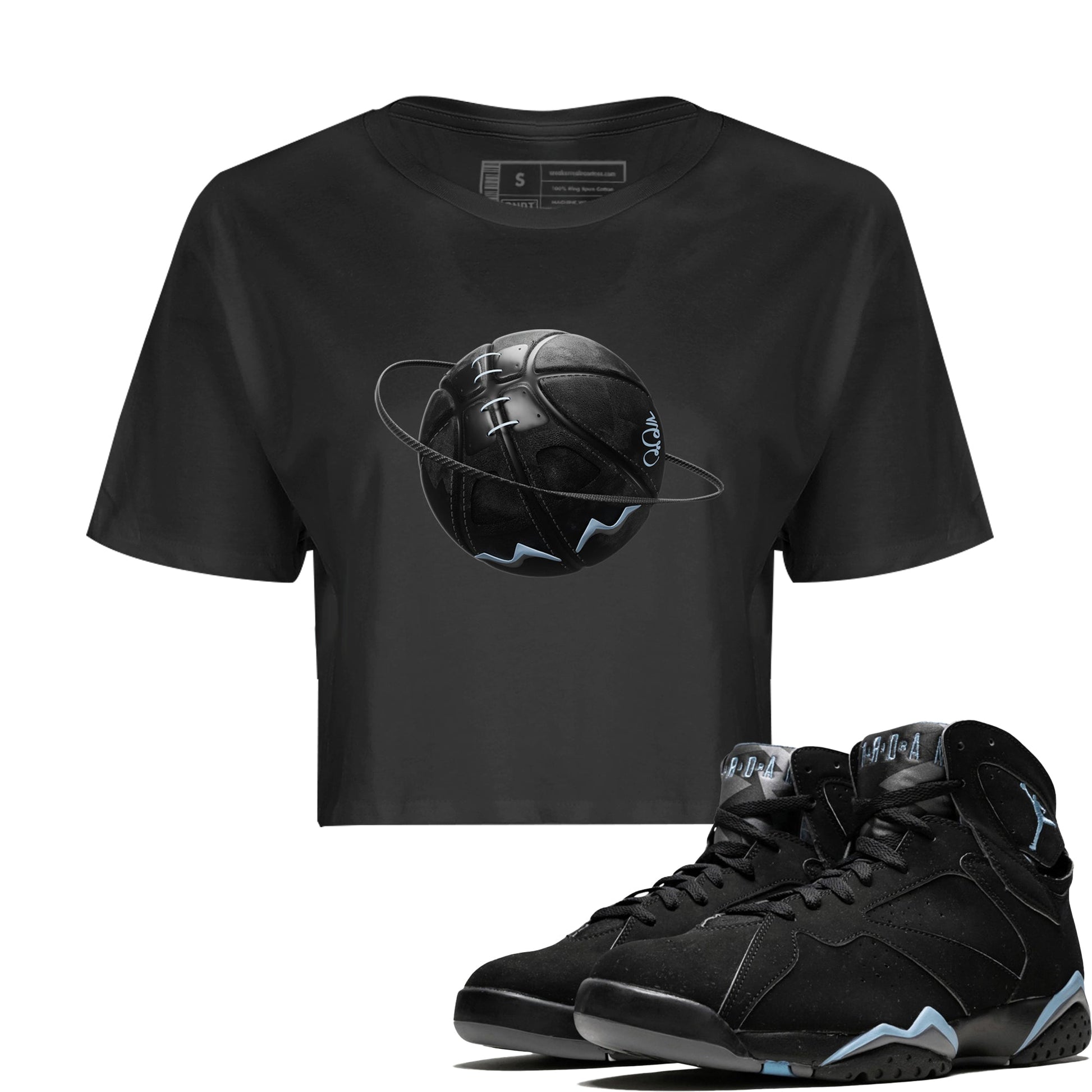 Air Jordan 7 Chambray Sneaker Match Tees Basketball Planet Sneaker Tees AJ7 Chambray Sneaker Release Tees Women's Shirts Black 1