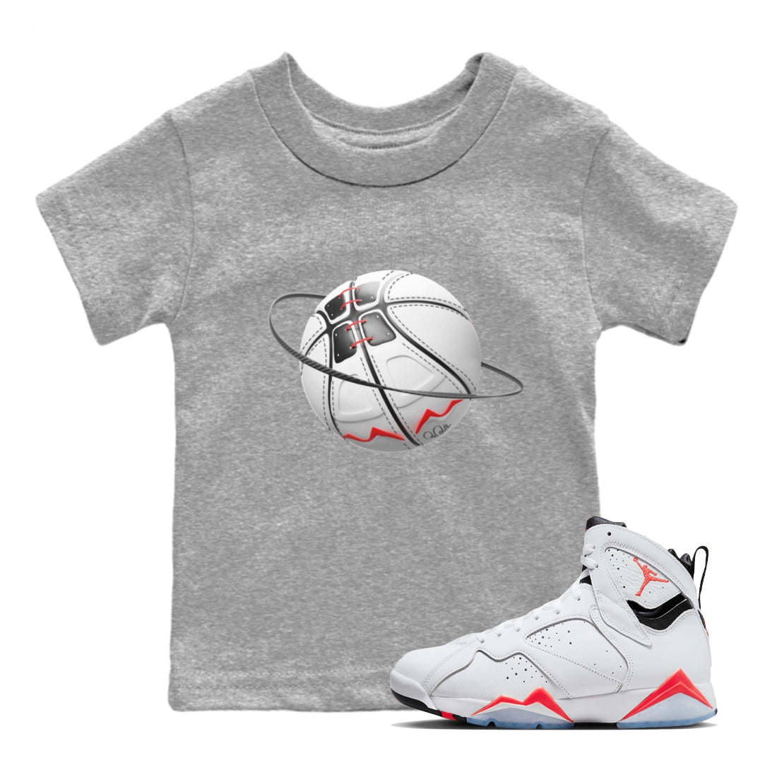 Air Jordan 7 Infrared Sneaker Match Tees Basketball Planet Sneaker Tees AJ7 Infrared Sneaker Release Tees Kids Shirts Heather Grey 1