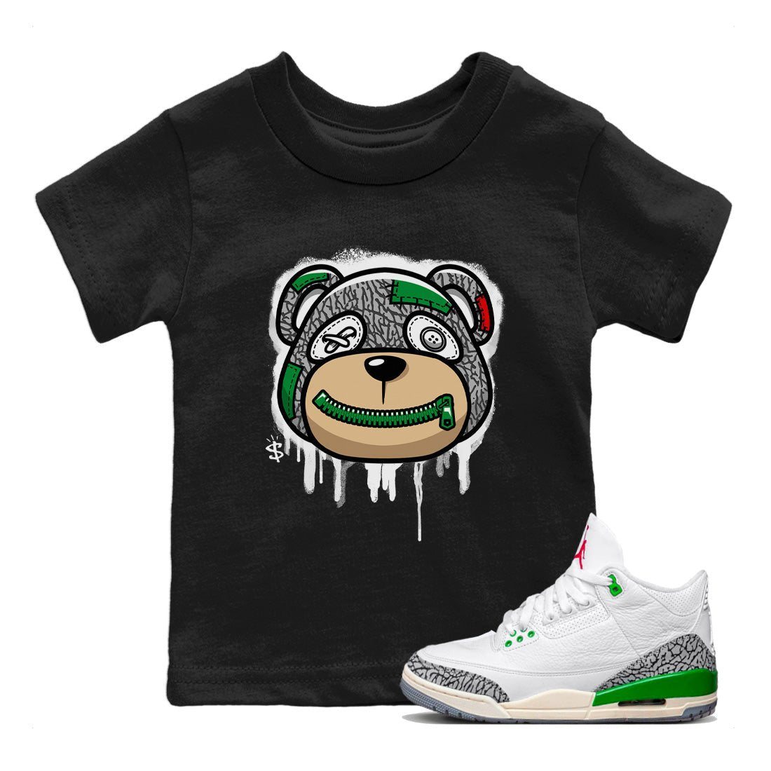 Air Jordan 3 Lucky Green Sneaker Match Tees Bear Face Sneaker Tees Jordan 3 Retro Lucky Green Sneaker Release Tees Kids Shirts Black 1