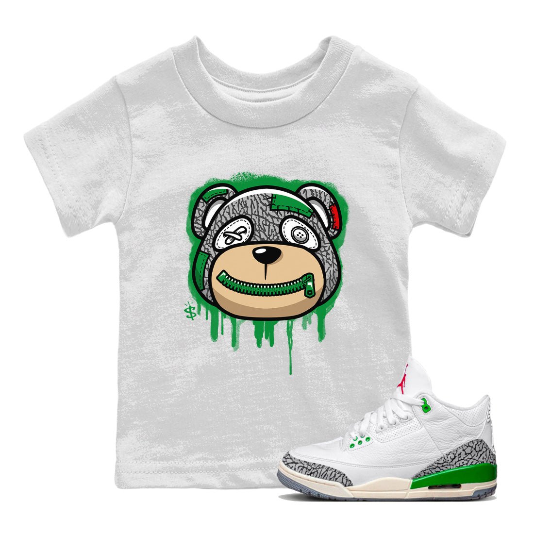 Air Jordan 3 Lucky Green Sneaker Match Tees Bear Face Sneaker Tees Jordan 3 Retro Lucky Green Sneaker Release Tees Kids Shirts White 1