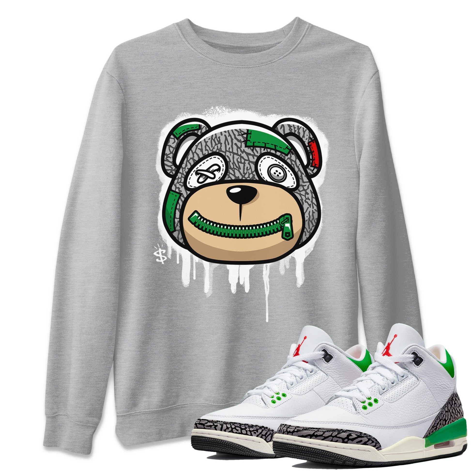 Air Jordan 3 Lucky Green Sneaker Match Tees Bear Face Sneaker Tees Jordan 3 Retro Lucky Green Sneaker Release Tees Unisex Shirts Heather Grey 1