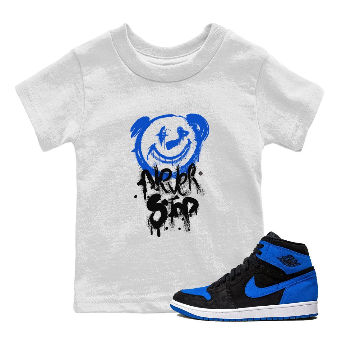 Air Jordan 1 Royal Reimagined shirt to match jordans Bear Never Stop sneaker tees Jordan 1 High OG Royal Reimagined SNRT Sneaker Tees Baby Toddler White 1 T-Shirt