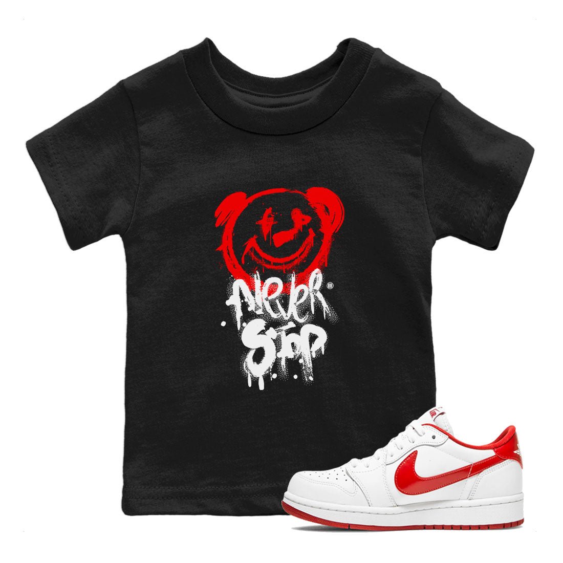 Jordan 1 University Red shirt to match jordans Bear Never Stop sneaker tees Air Jordan 1 University Red SNRT Sneaker Tees Baby Toddler Black 1 T-Shirt