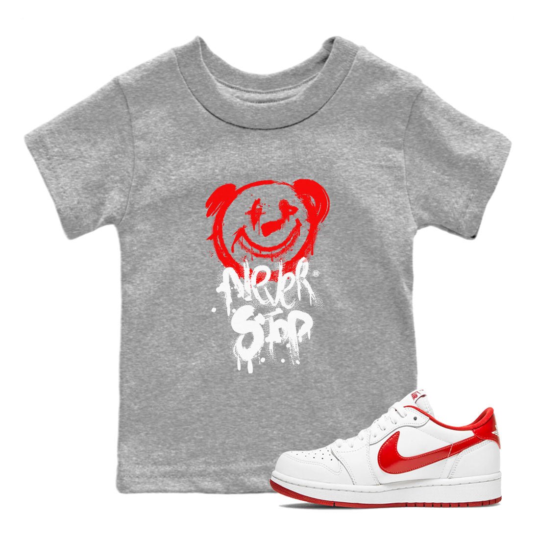 Jordan 1 University Red shirt to match jordans Bear Never Stop sneaker tees Air Jordan 1 University Red SNRT Sneaker Tees Baby Toddler Heather Grey 1 T-Shirt