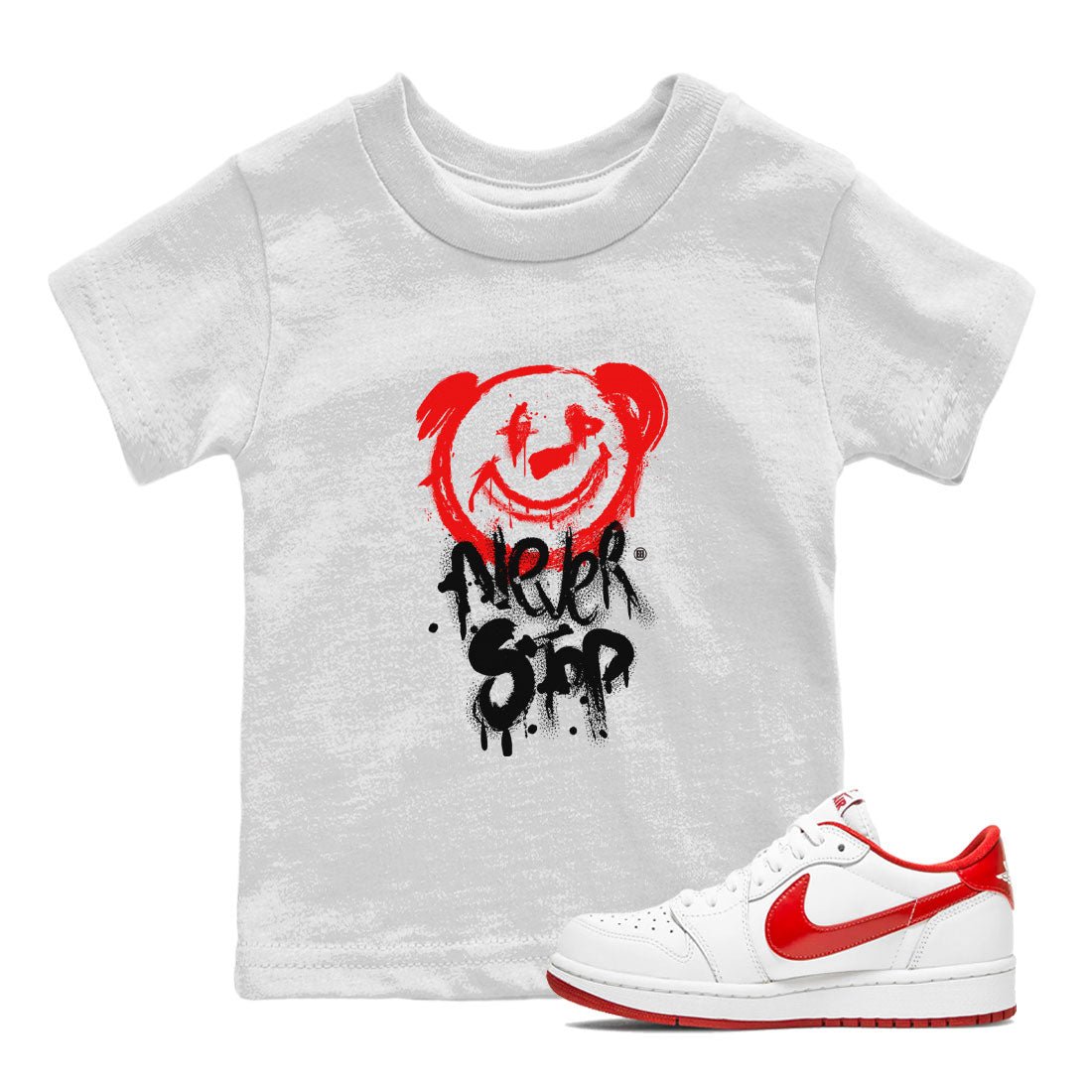 Jordan 1 University Red shirt to match jordans Bear Never Stop sneaker tees Air Jordan 1 University Red SNRT Sneaker Tees Baby Toddler White 1 T-Shirt
