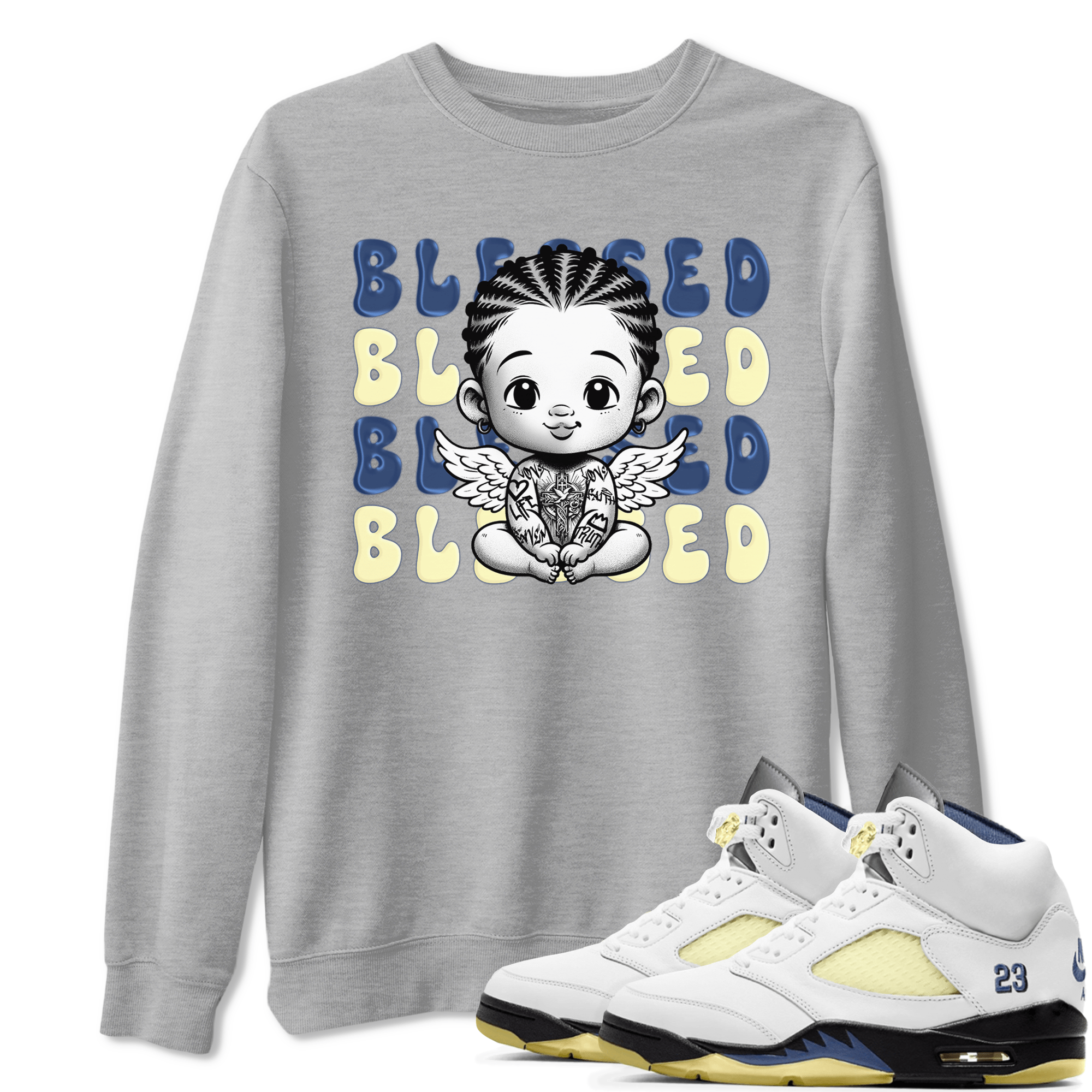 Jordan 5 A Ma Maniere x Dawn to match jordans Blessed Baby sneaker tees Air Jordan 5 A Ma Maniere x Photon Dust SNRT Sneaker Tees Sneaker Matching Cotton Shirt unisex cotton Heather Grey 1 crew neck shirt