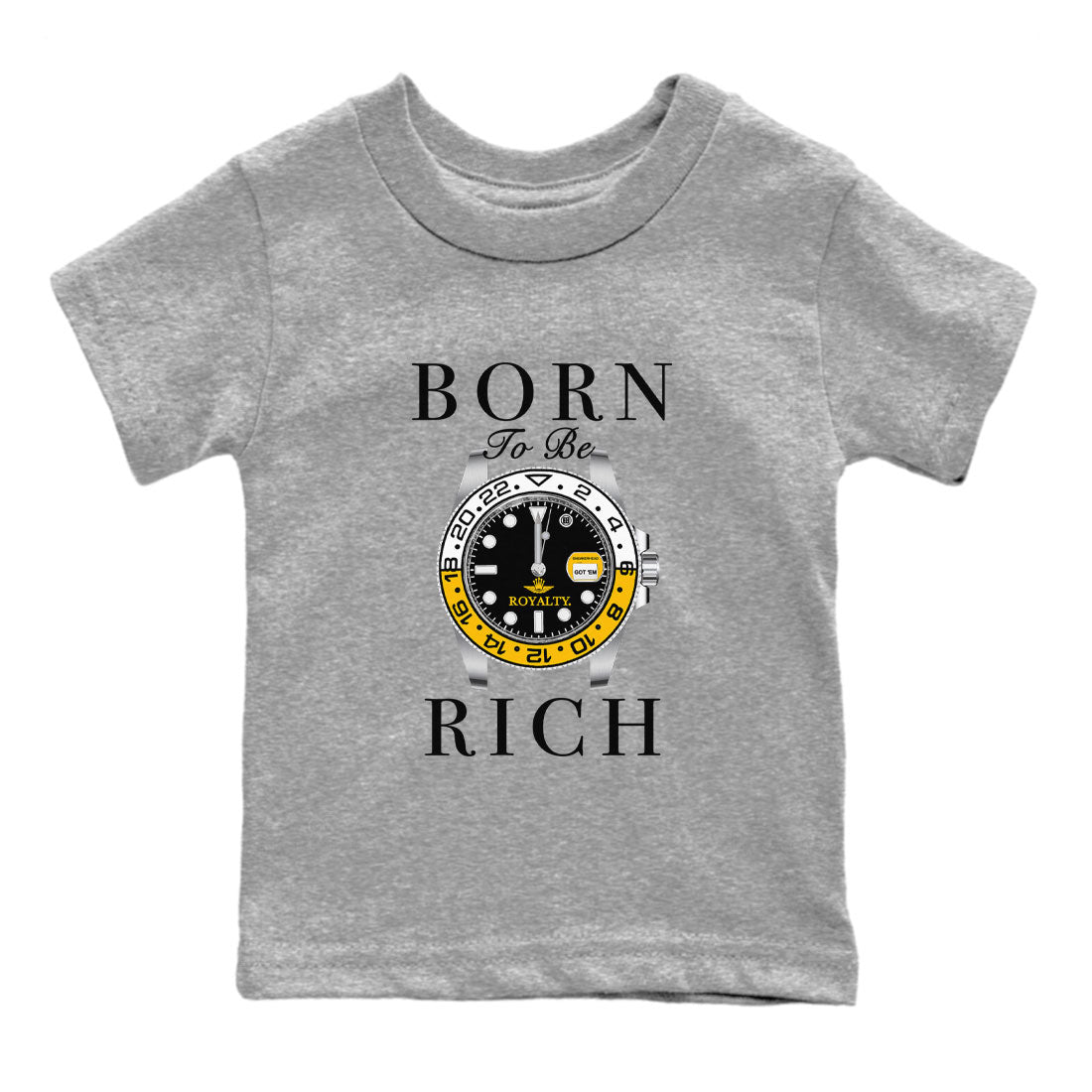AJ1 Yellow Ochre shirt to match jordans Born To Be Rich sneaker tees Air Jordan 1 Yellow Ochre SNRT sneaker release tees baby toddler Heather Grey 2 cotton Shirt