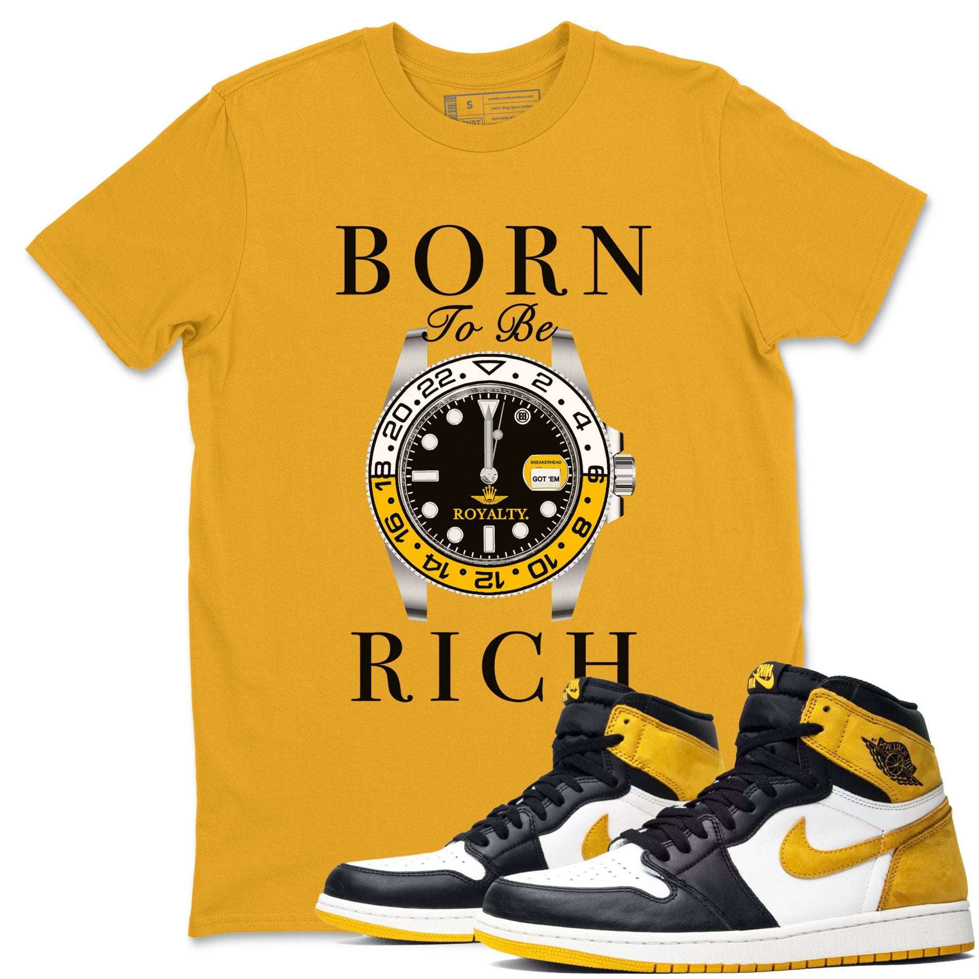 AJ1 Yellow Ochre shirt to match jordans Born To Be Rich sneaker tees Air Jordan 1 Yellow Ochre SNRT Sneaker Release Tees unisex cotton Gold 1 crew neck shirt