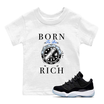 AJ11 Black and Varsity Royal shirt to match jordans Born To Be Rich sneaker tees Air Jordan 11 Retro Space SNRT sneaker release tees baby toddler White 1 cotton Shirt