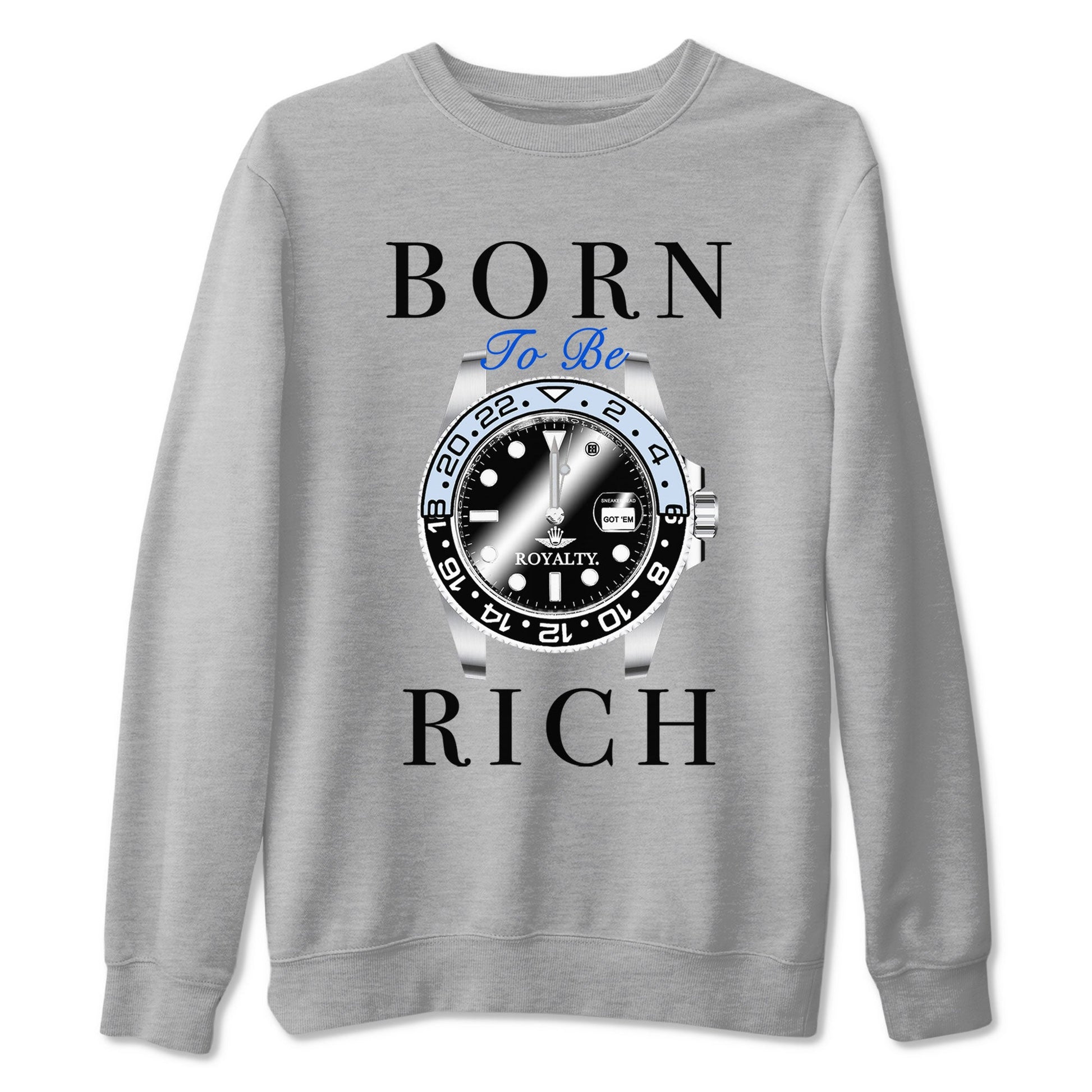 AJ11 Black and Varsity Royal shirt to match jordans Born To Be Rich sneaker tees Air Jordan 11 Retro Space SNRT sneaker release tees unisex cotton Heather Grey 2 crew neck shirt