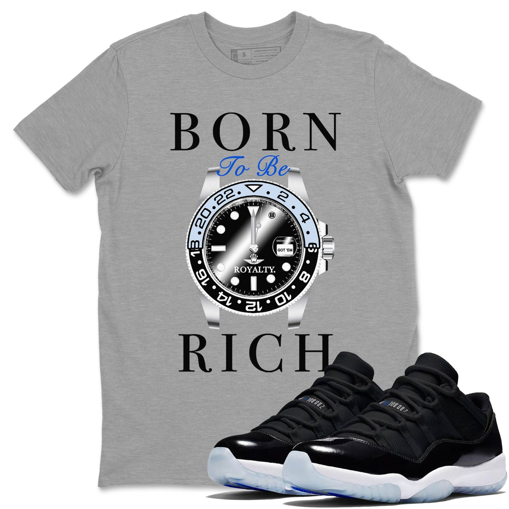 AJ11 Black and Varsity Royal shirt to match jordans Born To Be Rich sneaker tees Air Jordan 11 Retro Space SNRT sneaker release tees unisex cotton Heather Grey 1 crew neck shirt