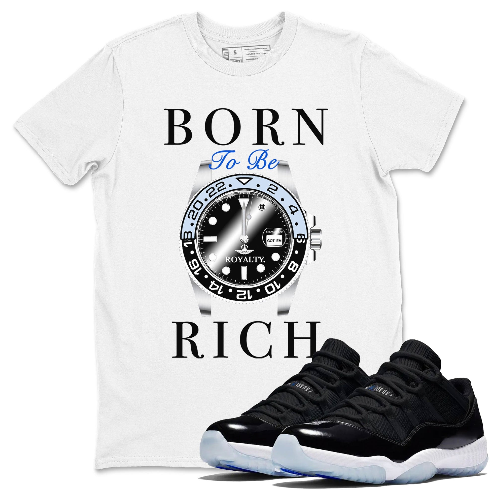 AJ11 Black and Varsity Royal shirt to match jordans Born To Be Rich sneaker tees Air Jordan 11 Retro Space SNRT sneaker release tees unisex cotton White 1 crew neck shirt