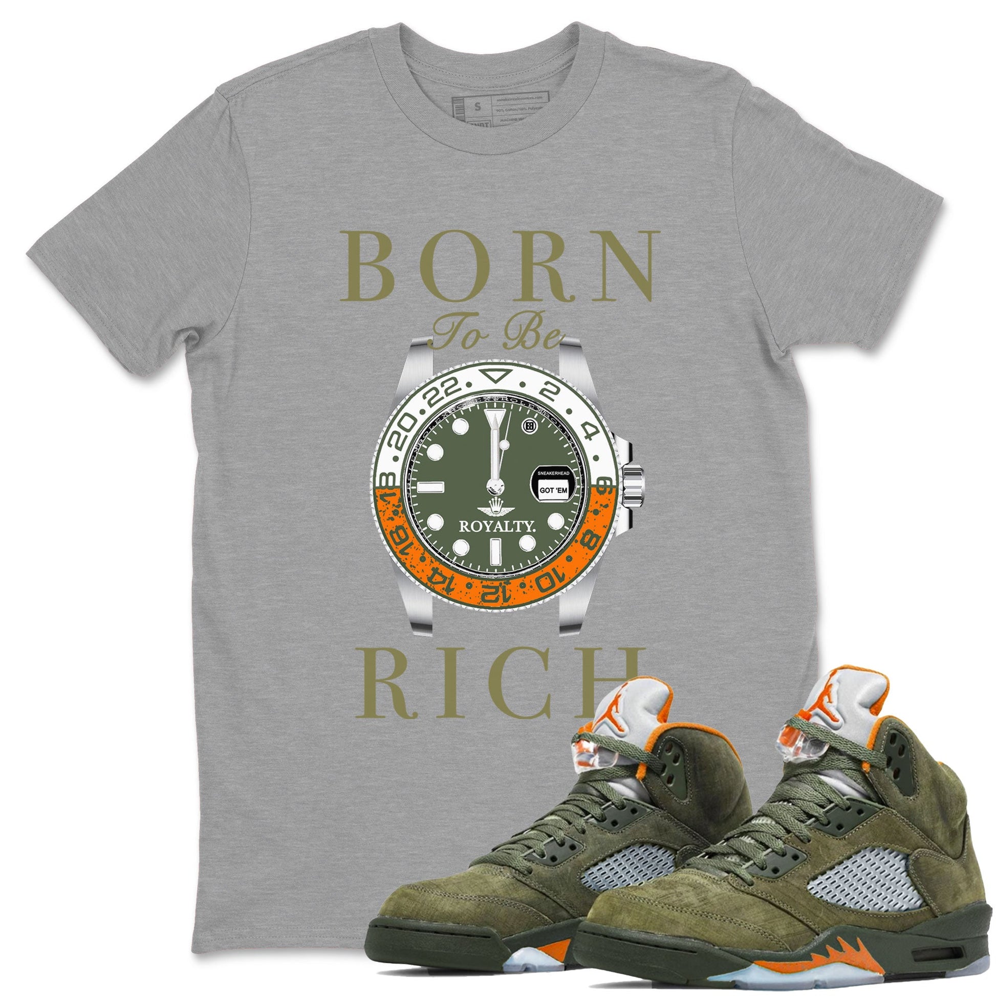 5s Olive shirt to match jordans Born To Be Rich sneaker tees Air Jordan 5 Retro Olive SNRT Sneaker Release Tees unisex cotton Heather Grey 1 crew neck shirt