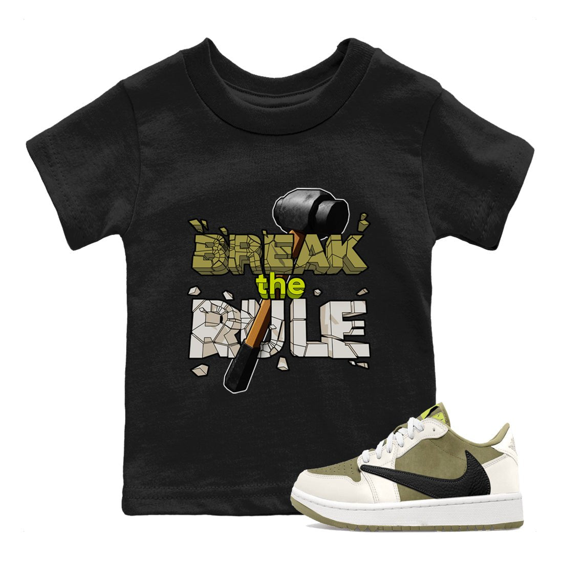 Air Jordan 1 Travis Scott Golf Olive shirt to match jordans Break The Rule sneaker tees AJ1 Travis Scott Golf Olive SNRT Sneaker Release Tees Baby Toddler Black 1 T-Shirt