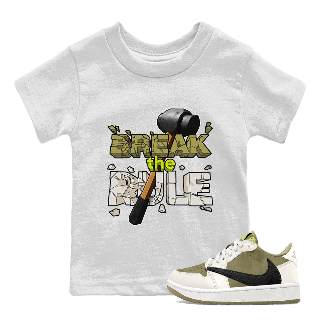 Air Jordan 1 Travis Scott Golf Olive shirt to match jordans Break The Rule sneaker tees AJ1 Travis Scott Golf Olive SNRT Sneaker Release Tees Baby Toddler White 1 T-Shirt