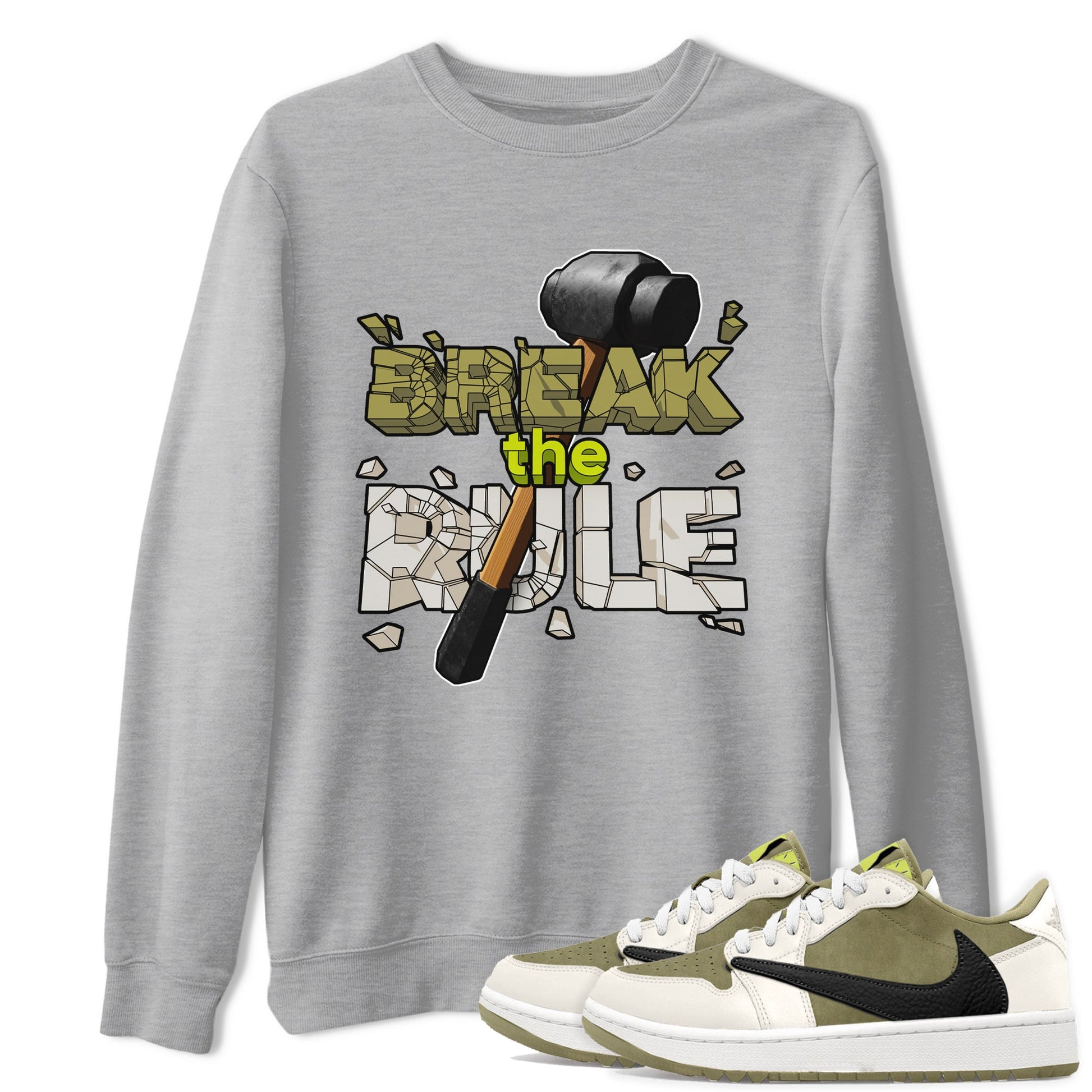 Air Jordan 1 Travis Scott Golf Olive shirt to match jordans Break The Rule sneaker tees AJ1 Travis Scott Golf Olive SNRT Sneaker Release Tees Unisex Heather Grey 1 T-Shirt