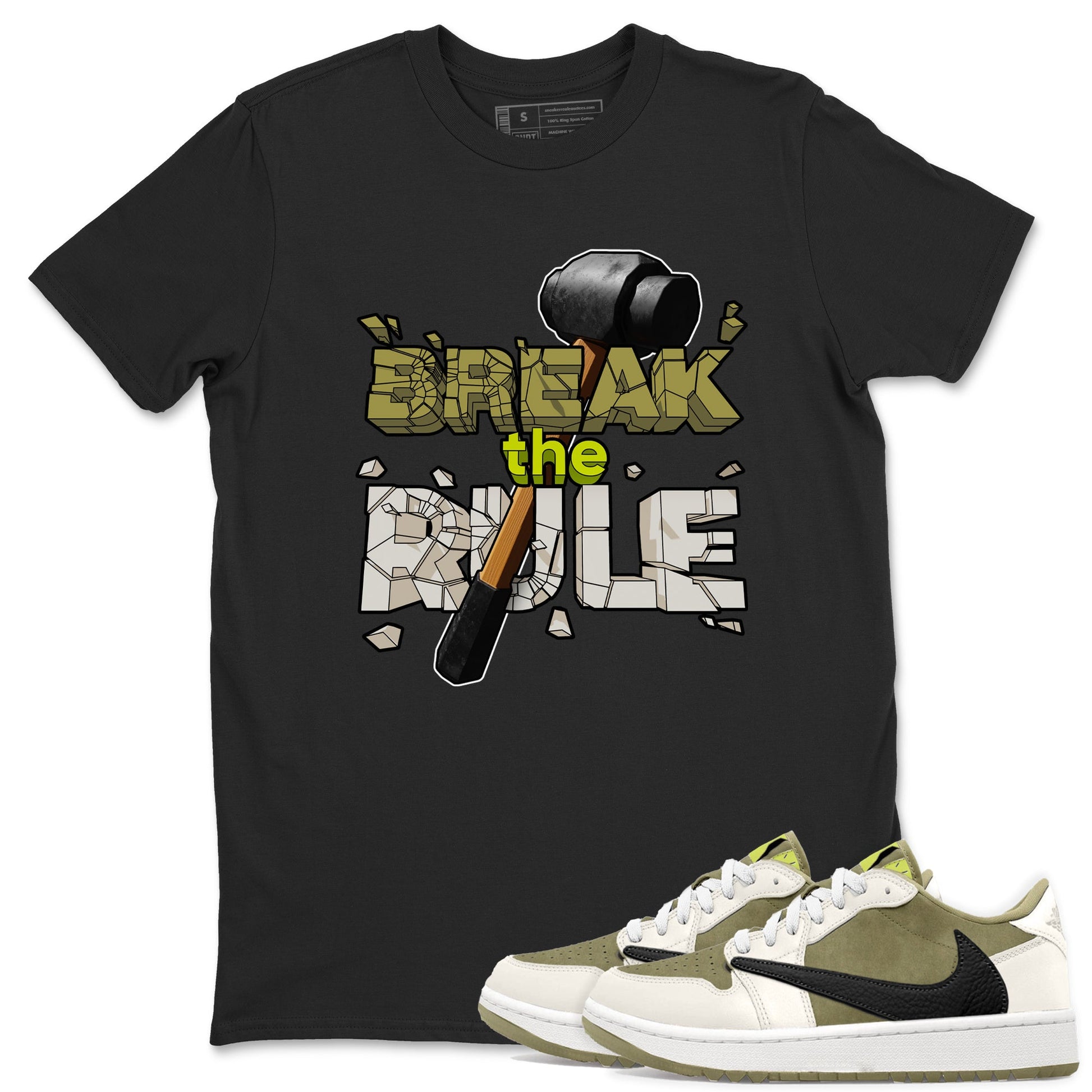Air Jordan 1 Travis Scott Golf Olive shirt to match jordans Break The Rule sneaker tees AJ1 Travis Scott Golf Olive SNRT Sneaker Release Tees Unisex Black 1 T-Shirt