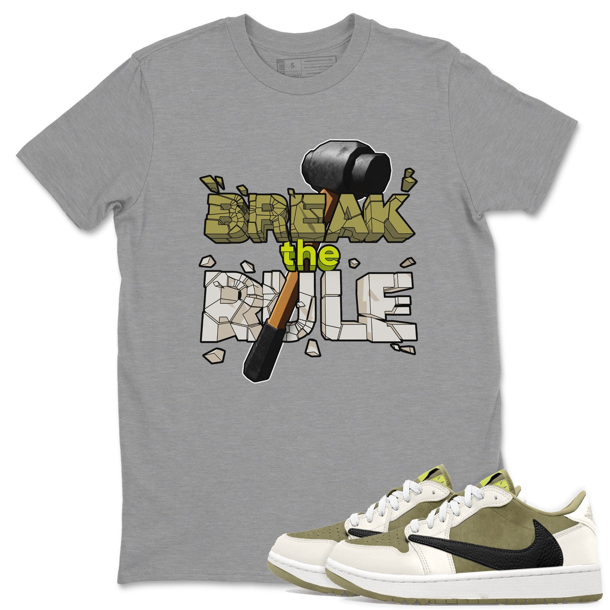 Air Jordan 1 Travis Scott Golf Olive shirt to match jordans Break The Rule sneaker tees AJ1 Travis Scott Golf Olive SNRT Sneaker Release Tees Unisex Heather Grey 1 T-Shirt