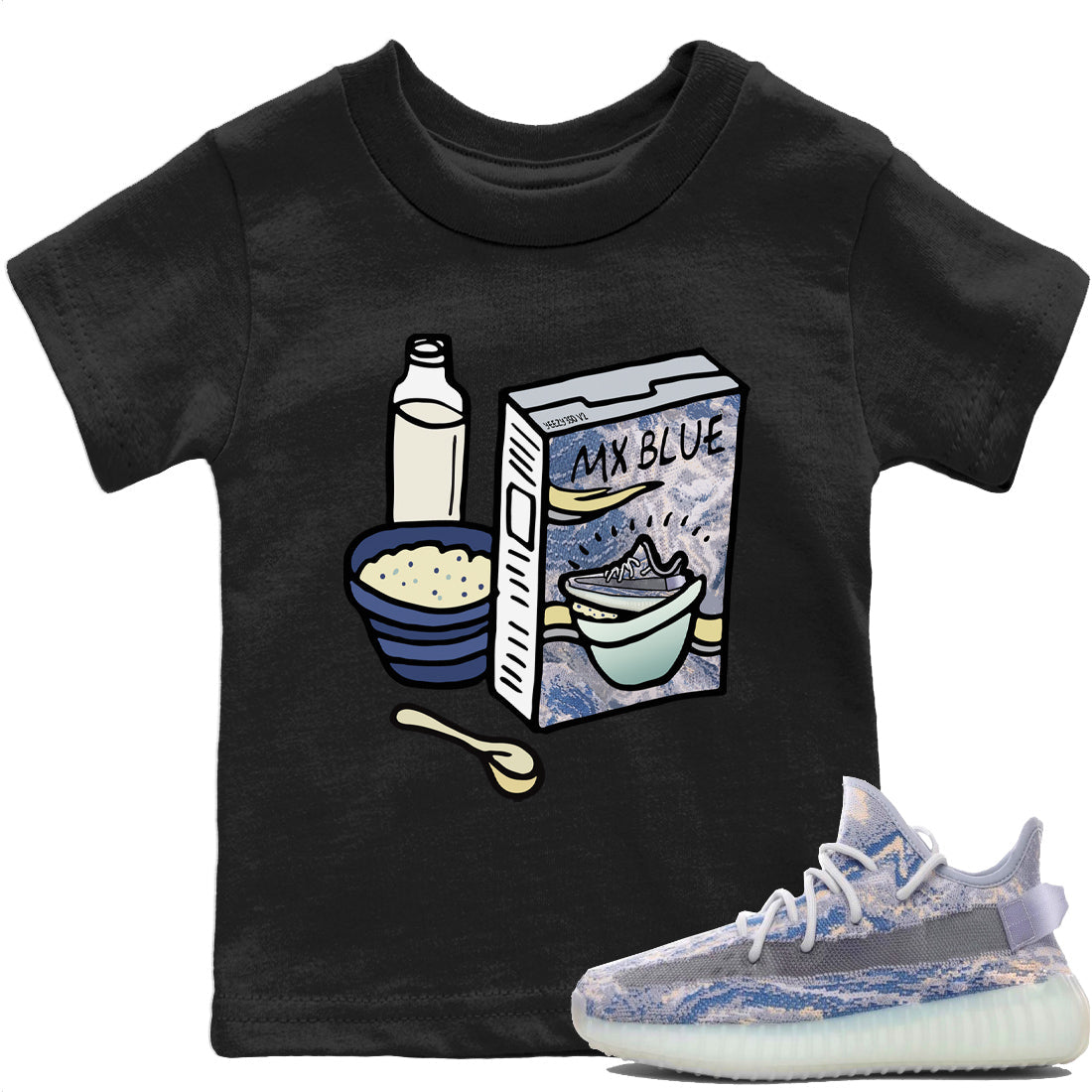 Yeezy 350 MX Blue Sneaker Match Tees Breakfast Cereal Sneaker Tees Yeezy 350 MX Blue Sneaker Release Tees Kids Shirts