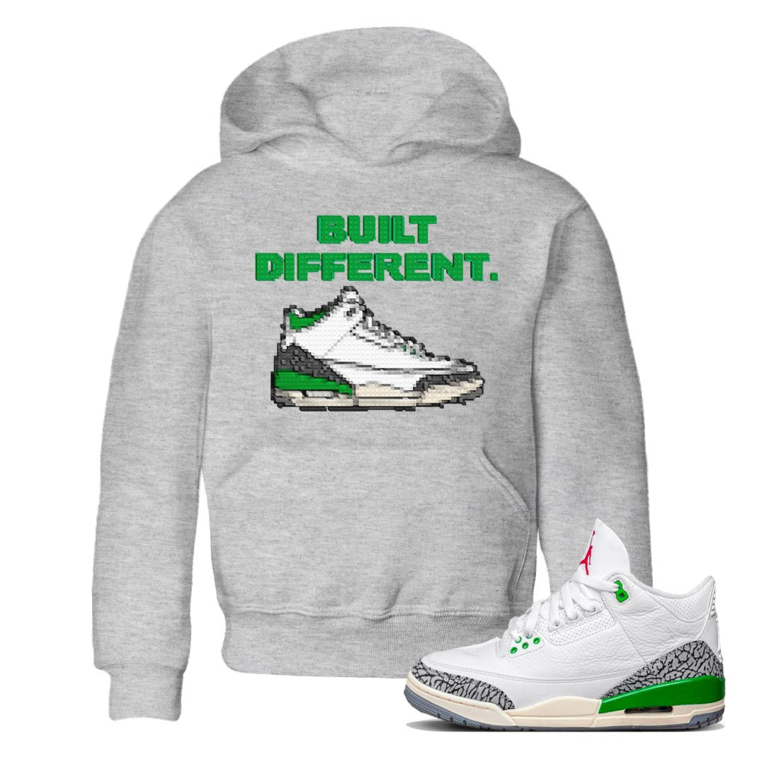 Air Jordan 3 Lucky Green Sneaker Match Tees Built Different Sneaker Tees Air Jordan 3 WMNS Lucky Green Sneaker Release Tees Kids Shirts Heather Grey 1