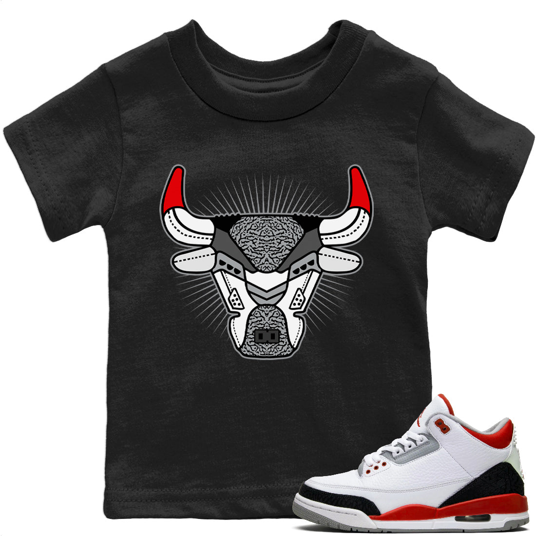 Jordan 3 Fire Red Sneaker Match Tees Bull Head AJ3 Sneaker Tees Jordan 3 Fire Red Sneaker Release Tees Kids Shirts