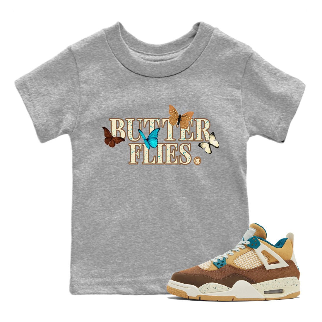 Air Jordan 4 GS Cacao Wow Match To Jordans Butterflies Sneaker Tees Air Jordan 4 Cacao Wow SNRT Sneaker Release Tees Kids Shirts Heather Grey 1