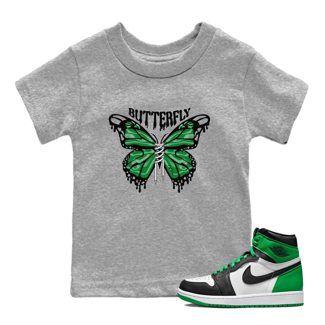 Air Jordan 1 Celtics Sneaker Match Tees Butterfly Sneaker Tees AJ1 OG HIGH Celtics Sneaker Release Tees Kids Shirts Heather Grey 1