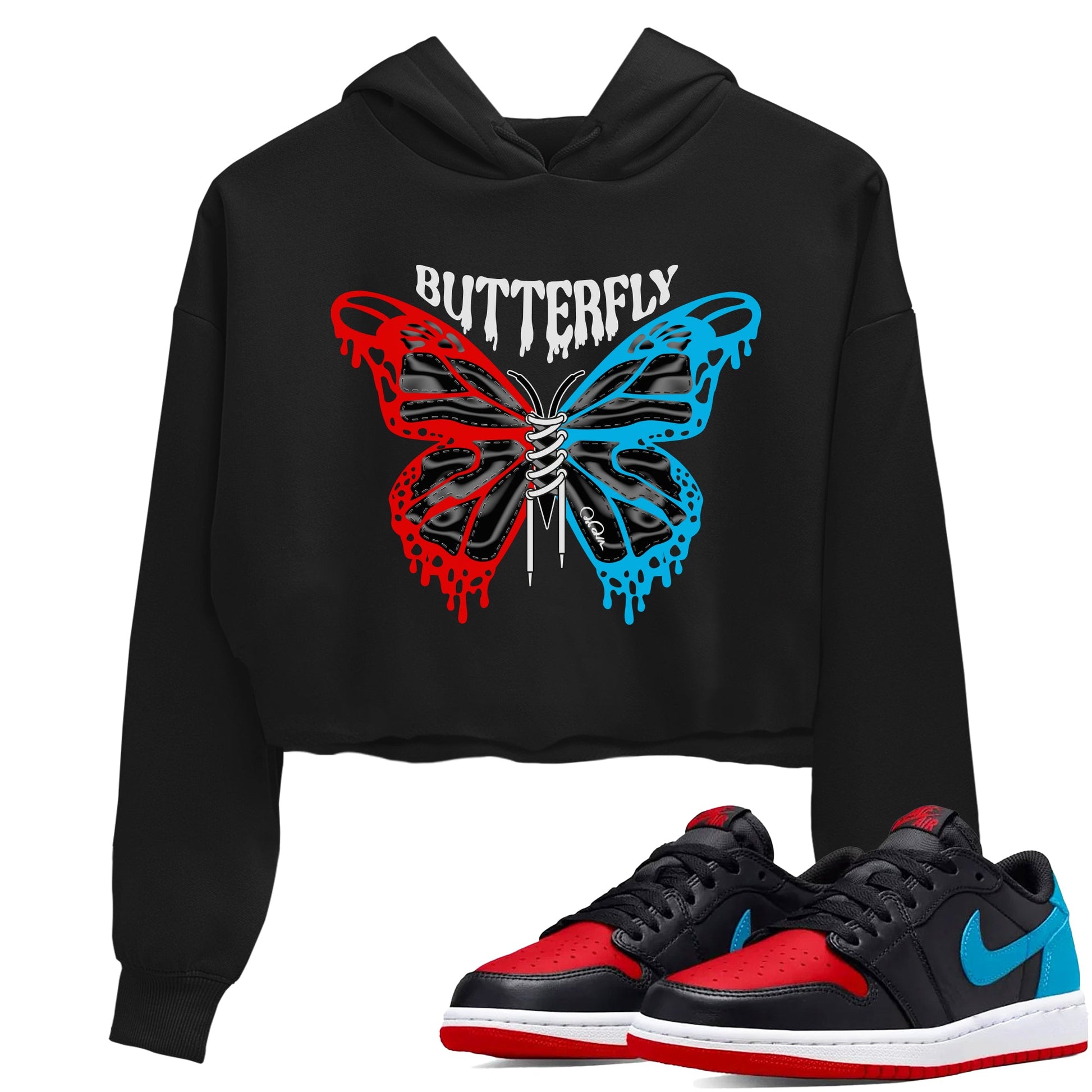 Air Jordan 1 UNC to Chicago Sneaker Match Tees Butterfly Sneaker Tees AJ1 UNC to Chicago Sneaker Release Tees Women's Shirts Black 1