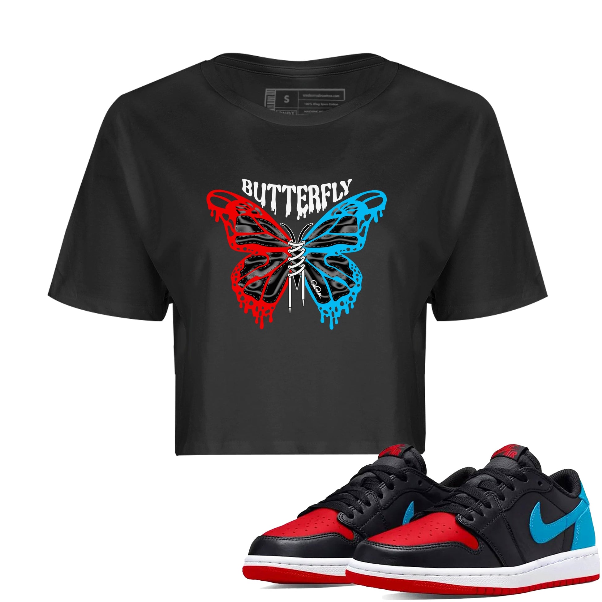 Air Jordan 1 UNC to Chicago Sneaker Match Tees Butterfly Sneaker Tees AJ1 UNC to Chicago Sneaker Release Tees Women's Shirts Black 1