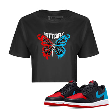 Air Jordan 1 UNC to Chicago Sneaker Match Tees Butterfly Sneaker Tees AJ1 UNC to Chicago Sneaker Release Tees Women's Shirts Black 1