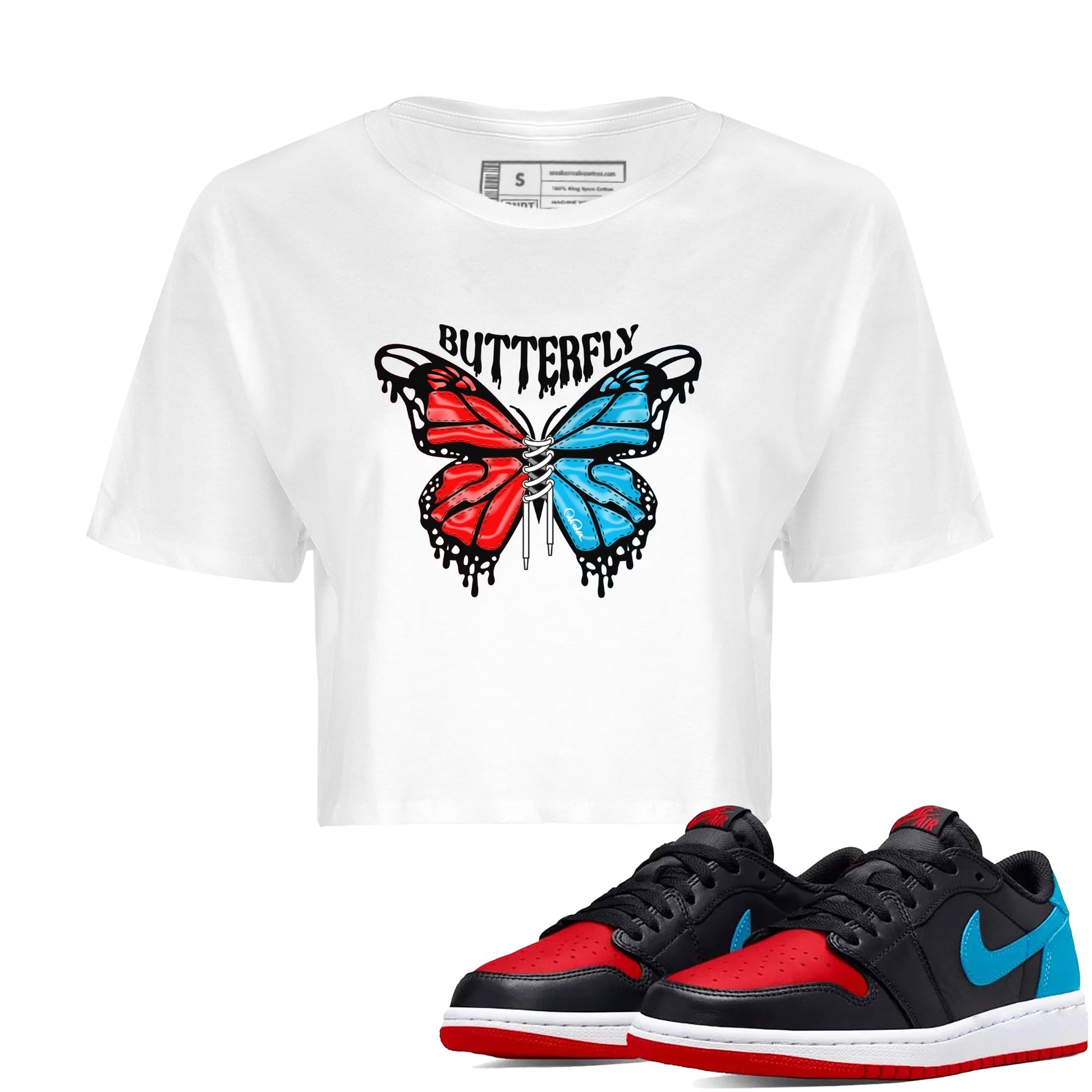 Air Jordan 1 UNC to Chicago Sneaker Match Tees Butterfly Sneaker Tees AJ1 UNC to Chicago Sneaker Release Tees Women's Shirts White 1