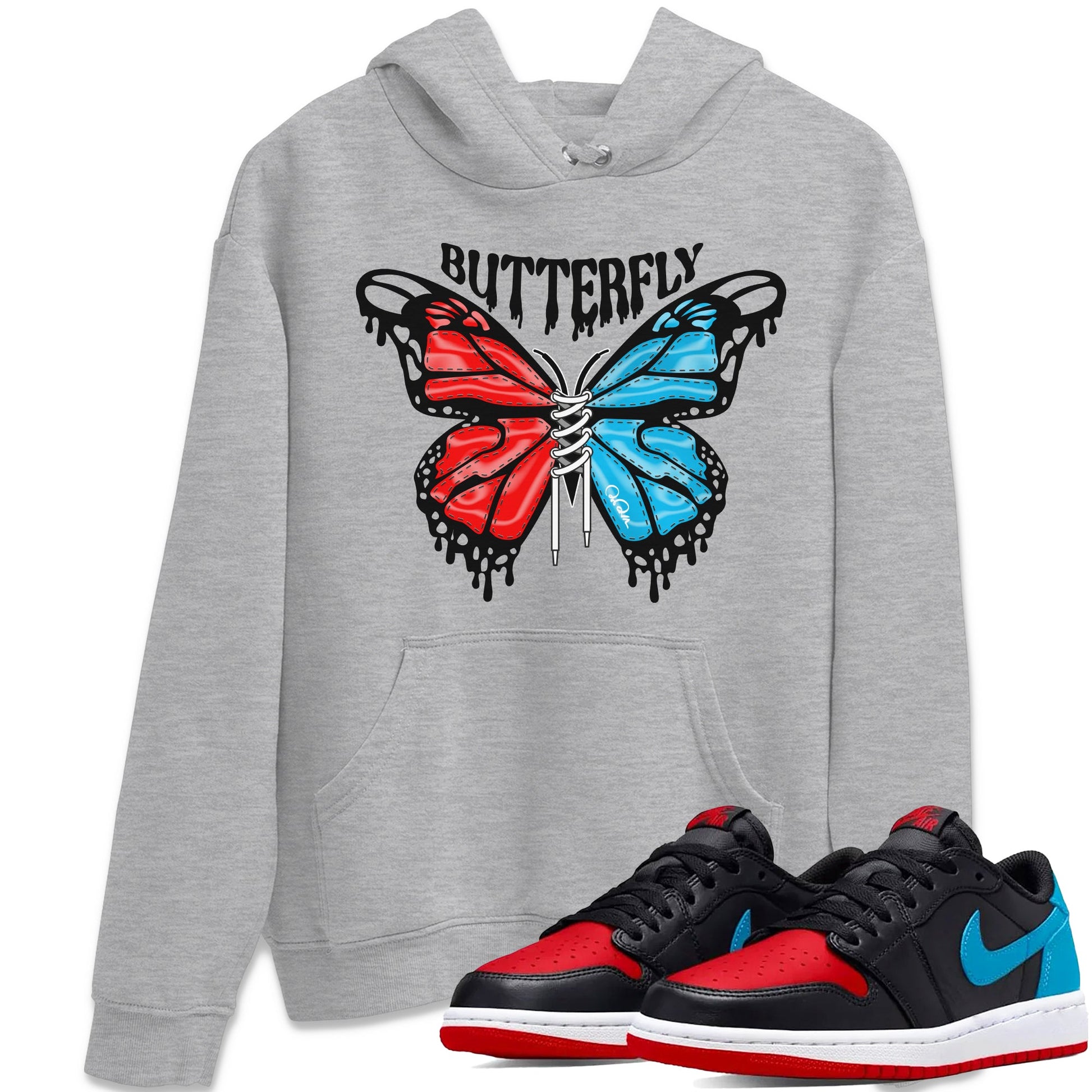 Air Jordan 1 UNC to Chicago Sneaker Match Tees Butterfly Sneaker Tees AJ1 UNC to Chicago Sneaker Release Tees Unisex Shirts Heather Grey 1