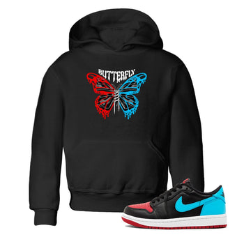Air Jordan 1 UNC to Chicago Sneaker Match Tees Butterfly Sneaker Tees AJ1 UNC to Chicago Sneaker Release Tees Kids Shirts Black 1