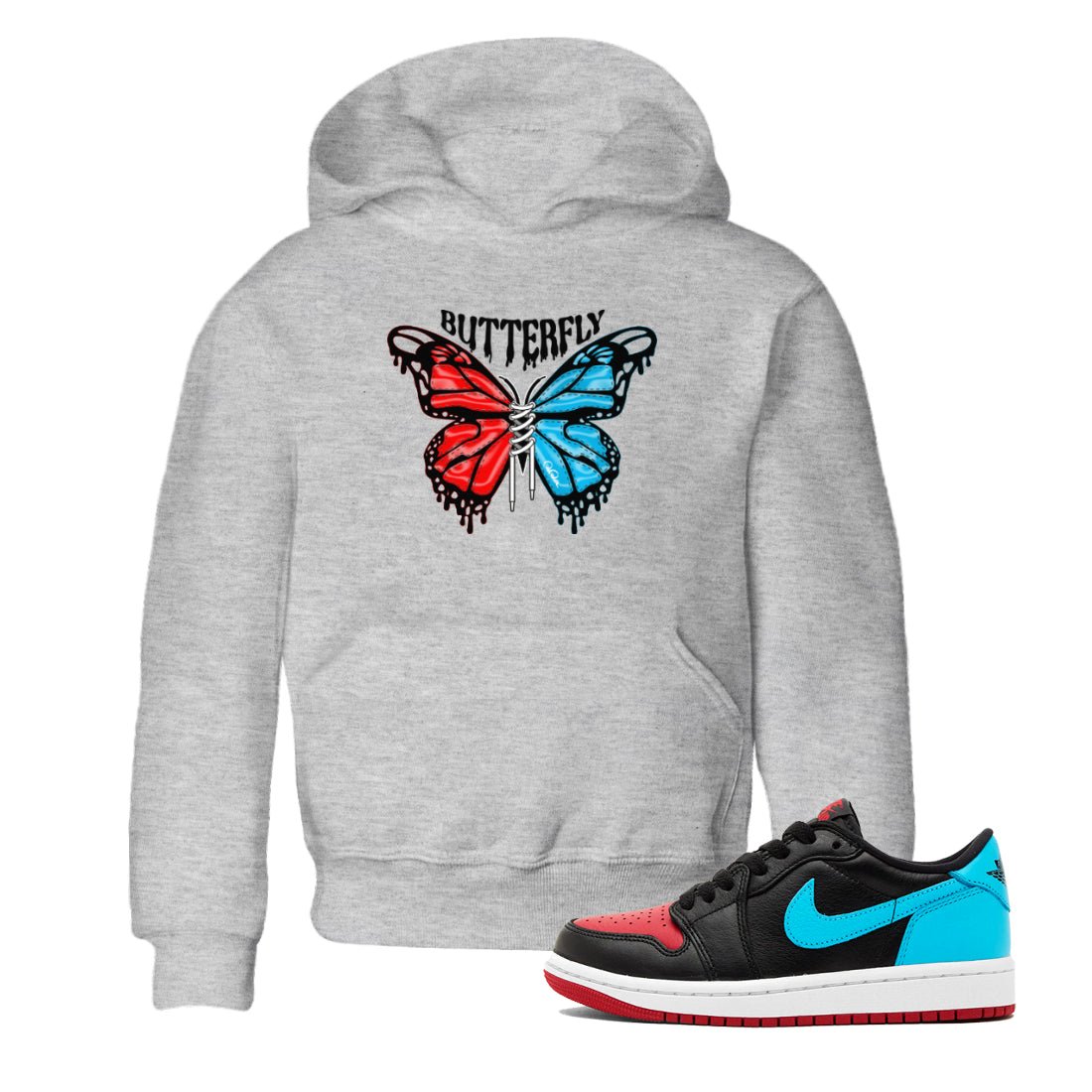 Air Jordan 1 UNC to Chicago Sneaker Match Tees Butterfly Sneaker Tees AJ1 UNC to Chicago Sneaker Release Tees Kids Shirts Heather Grey 1