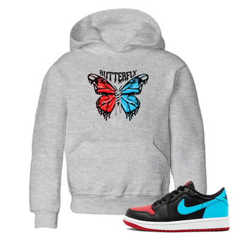Air Jordan 1 UNC to Chicago Sneaker Match Tees Butterfly Sneaker Tees AJ1 UNC to Chicago Sneaker Release Tees Kids Shirts Heather Grey 1
