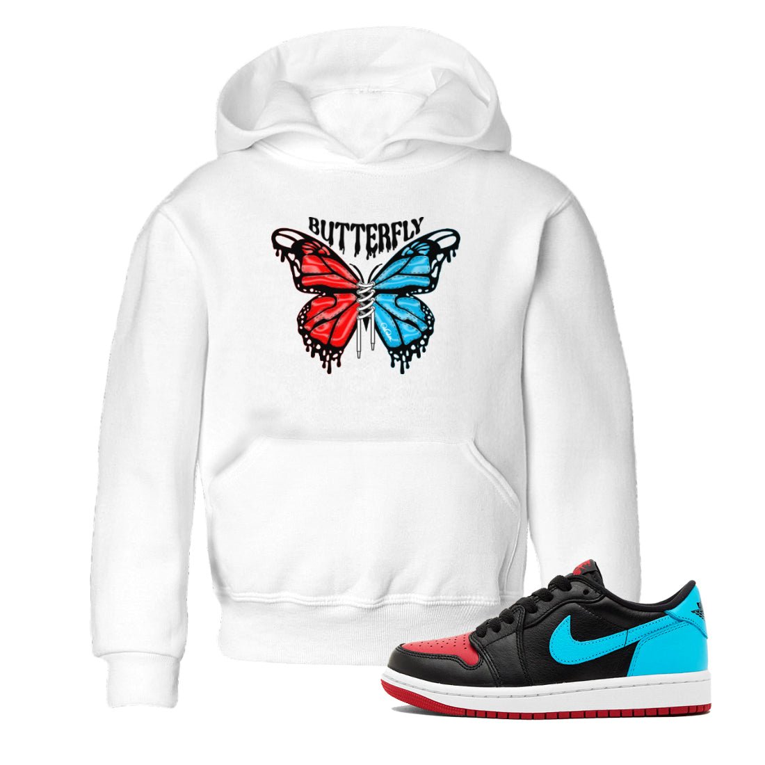 Air Jordan 1 UNC to Chicago Sneaker Match Tees Butterfly Sneaker Tees AJ1 UNC to Chicago Sneaker Release Tees Kids Shirts White 1