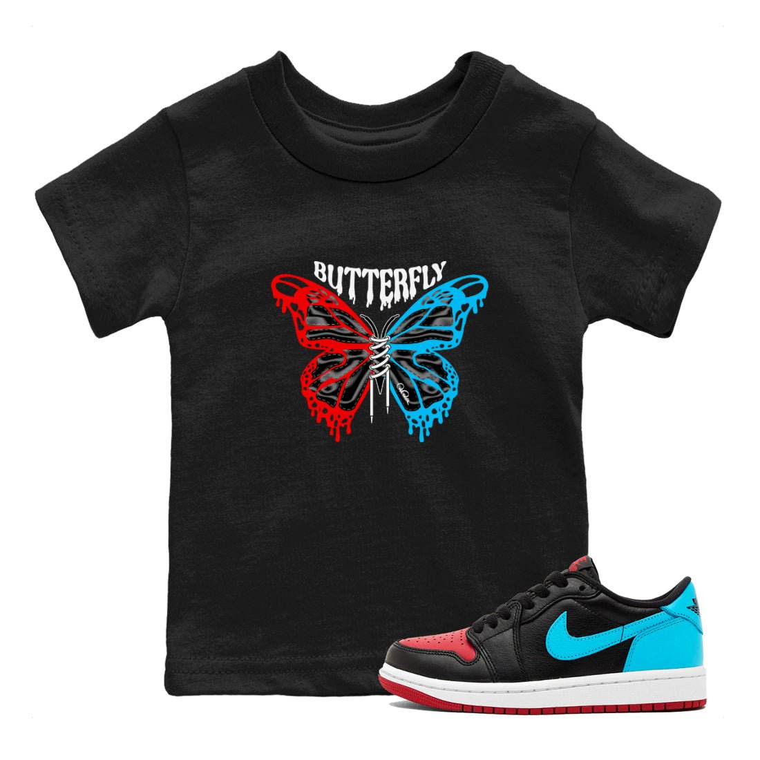 Air Jordan 1 UNC to Chicago Sneaker Match Tees Butterfly Sneaker Tees AJ1 UNC to Chicago Sneaker Release Tees Kids Shirts Black 1