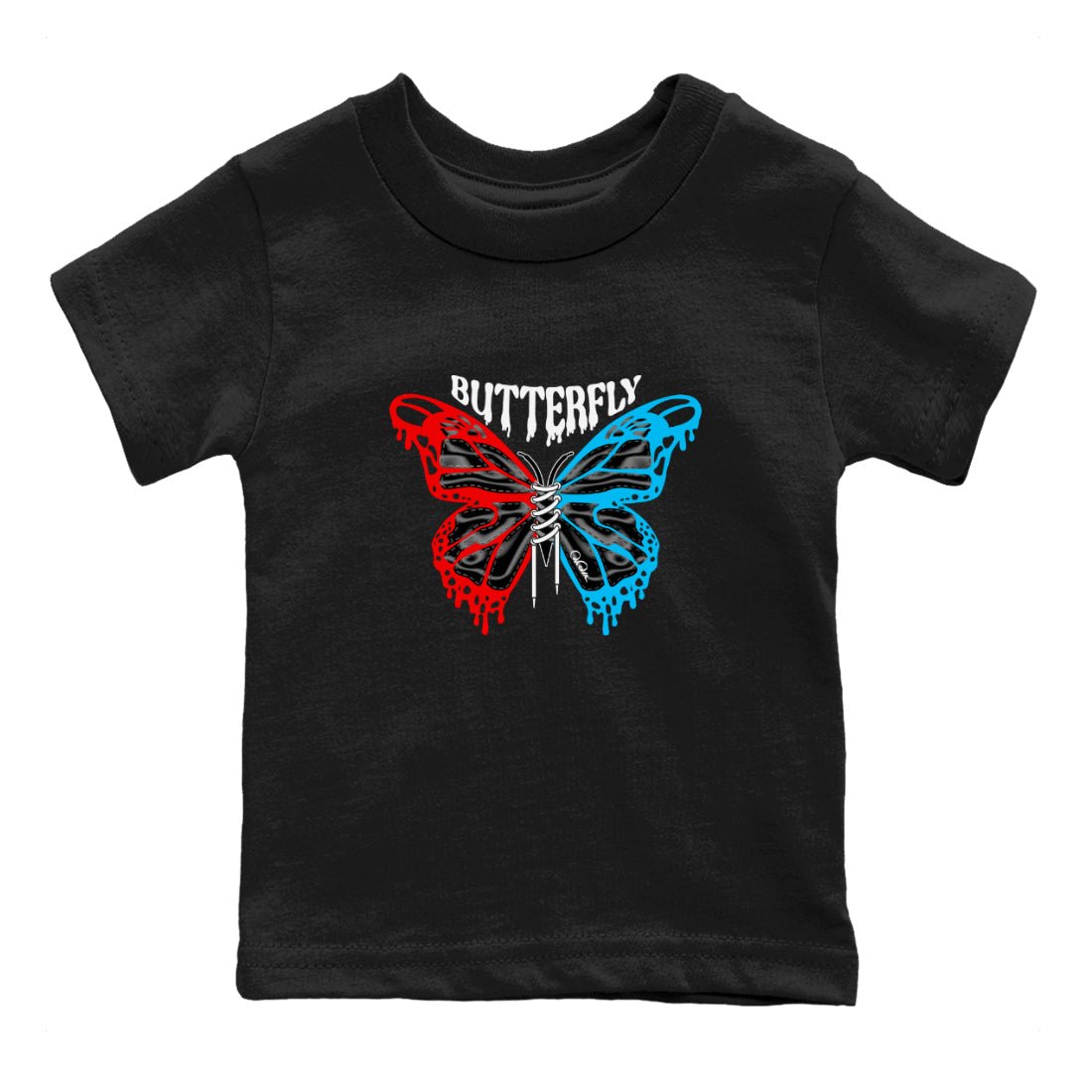 Air Jordan 1 UNC to Chicago Sneaker Match Tees Butterfly Sneaker Tees AJ1 UNC to Chicago Sneaker Release Tees Kids Shirts Black 2