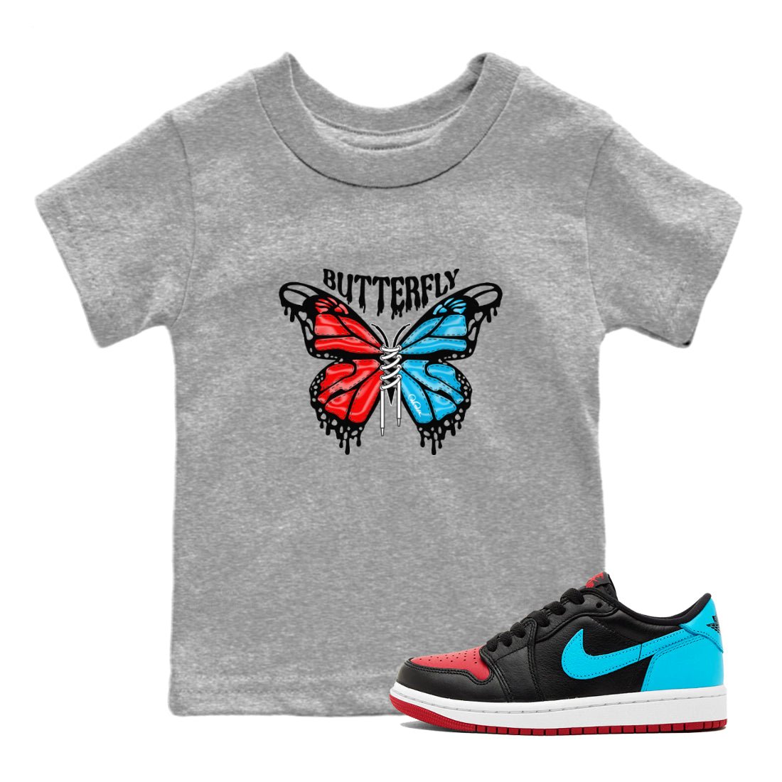 Air Jordan 1 UNC to Chicago Sneaker Match Tees Butterfly Sneaker Tees AJ1 UNC to Chicago Sneaker Release Tees Kids Shirts Heather Grey 1