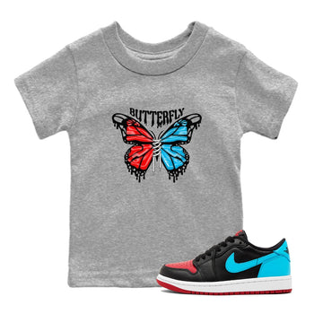 Air Jordan 1 UNC to Chicago Sneaker Match Tees Butterfly Sneaker Tees AJ1 UNC to Chicago Sneaker Release Tees Kids Shirts Heather Grey 1