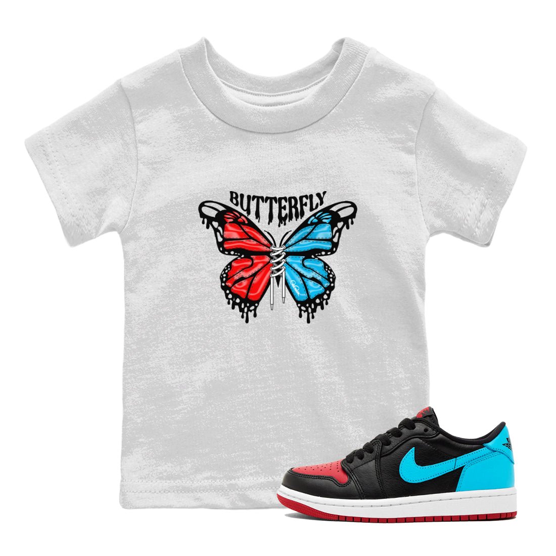 Air Jordan 1 UNC to Chicago Sneaker Match Tees Butterfly Sneaker Tees AJ1 UNC to Chicago Sneaker Release Tees Kids Shirts White 1